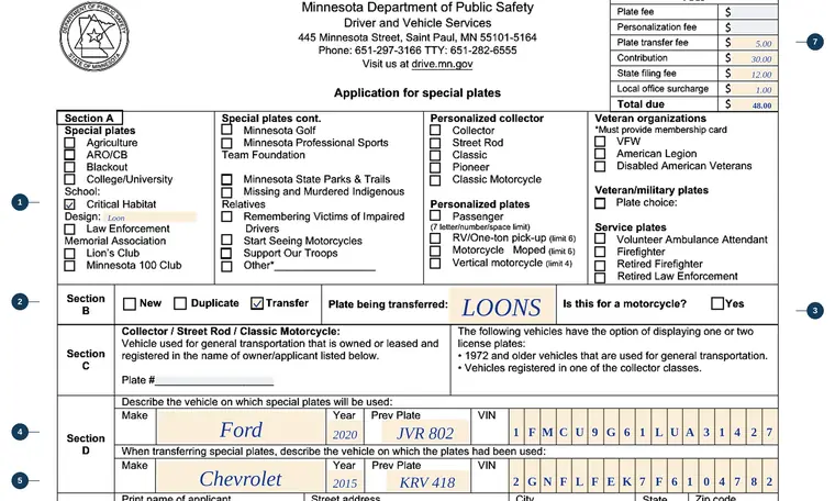 Part of page 1 of our filled-in example of Minnesota PS2010, Application for Special Plates, showing the filled-in entries