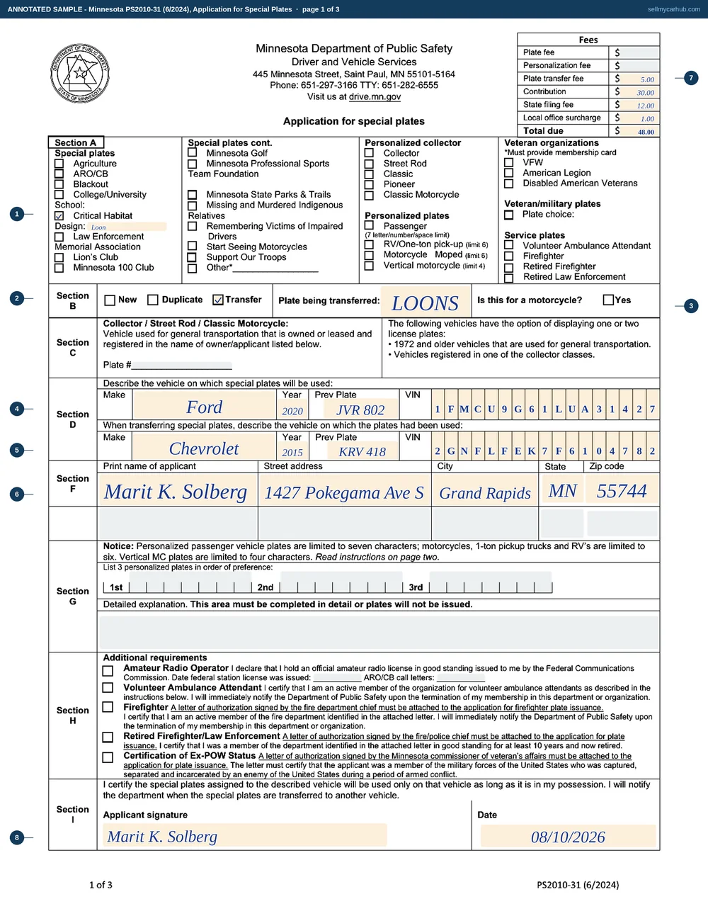 Minnesota form PS2010 filled in: Marit K. Solberg transferring a Critical Habitat special plate reading LOONS off a 2015 Chevrolet Equinox with VIN 2GNFLFEK7F6104782 and onto a 2020 Ford Escape with VIN 1FMCU9G61LUA31427, with the Transfer box ticked in section B, both vehicles described in section D, and a plate transfer fee, a contribution, a state filing fee and a local office surcharge adding up in the fee stack.
