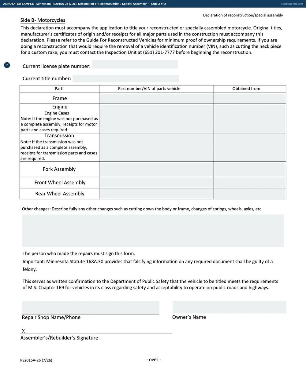 Minnesota form PS2015 filled in: a rebuilt 2019 Subaru Forester with plate WNB 351 and title number MN5507219, listing a replacement body cab, doors, fender, bumper, quarter panel, hood and roof with the donor vehicle identification number JF2SKAJC7KH512037 beside each, obtained from Red River Auto Recyclers, and signed by Northland Collision of Moorhead as rebuilder.