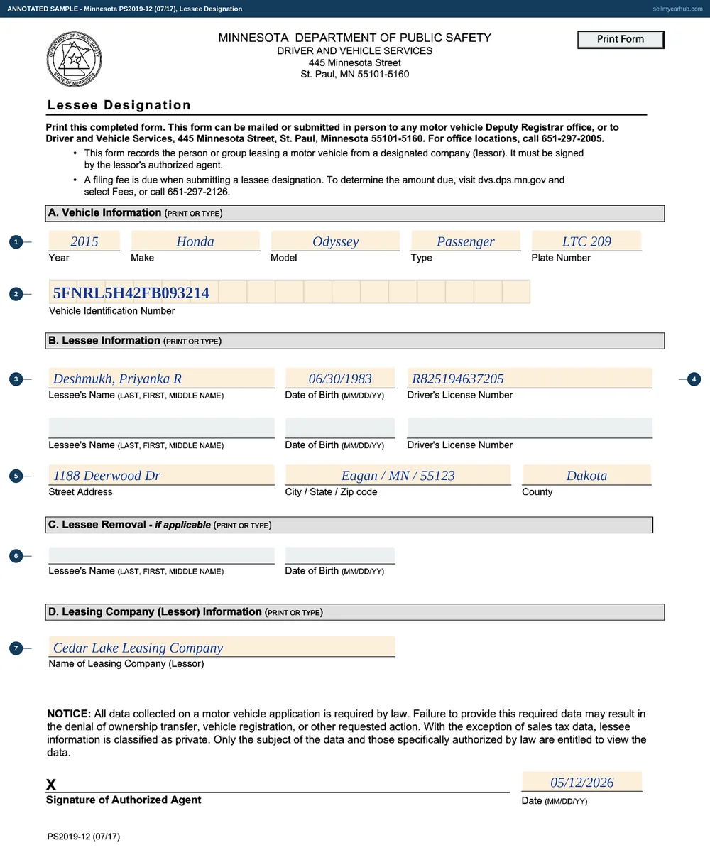 Minnesota form PS2019 filled in: a 2015 Honda Odyssey, VIN 5FNRL5H42FB093214, plate LTC 209, with lessee Priyanka R. Deshmukh of Eagan, Dakota County named in section B, section C for removing a lessee left grey and empty, and Cedar Lake Leasing Company named as lessor in section D.