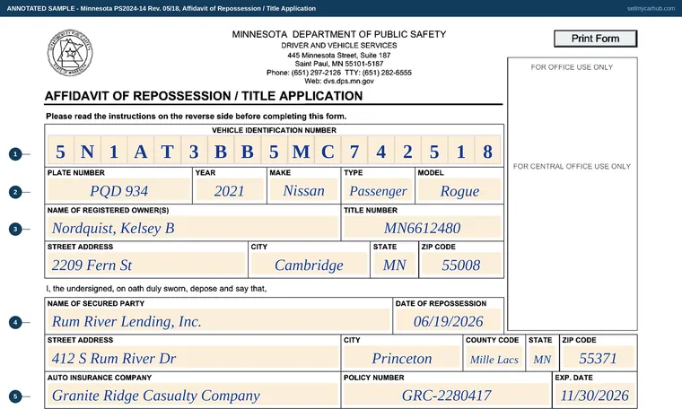 Top of our filled-in example of Minnesota PS2024, Affidavit of Repossession / Title Application