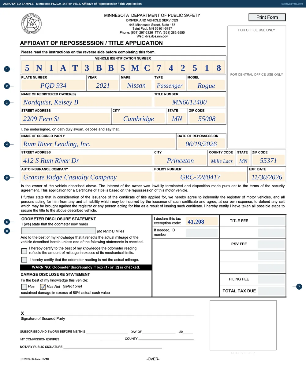 Minnesota form PS2024 filled in: Rum River Lending, Inc. of Princeton swearing the repossession of a 2021 Nissan Rogue, VIN 5N1AT3BB5MC742518, plate PQD 934, title number MN6612480, registered to Kelsey B. Nordquist of Cambridge, repossessed on 19 June 2026, with an odometer reading of 41,208 miles, the damage disclosure answered Has Not, and the signature and notary block left blank.