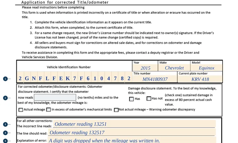 Part of our filled-in example of Minnesota PS2025A, Application for Corrected Title/Odometer, showing the filled-in entries