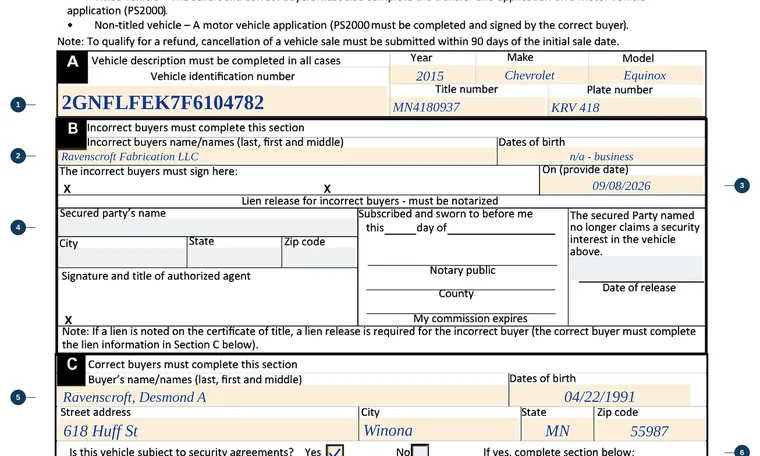 Part of our filled-in example of Minnesota PS2025B, Affidavit to Correct the Ownership Record of a Motor Vehicle, showing the filled-in entries