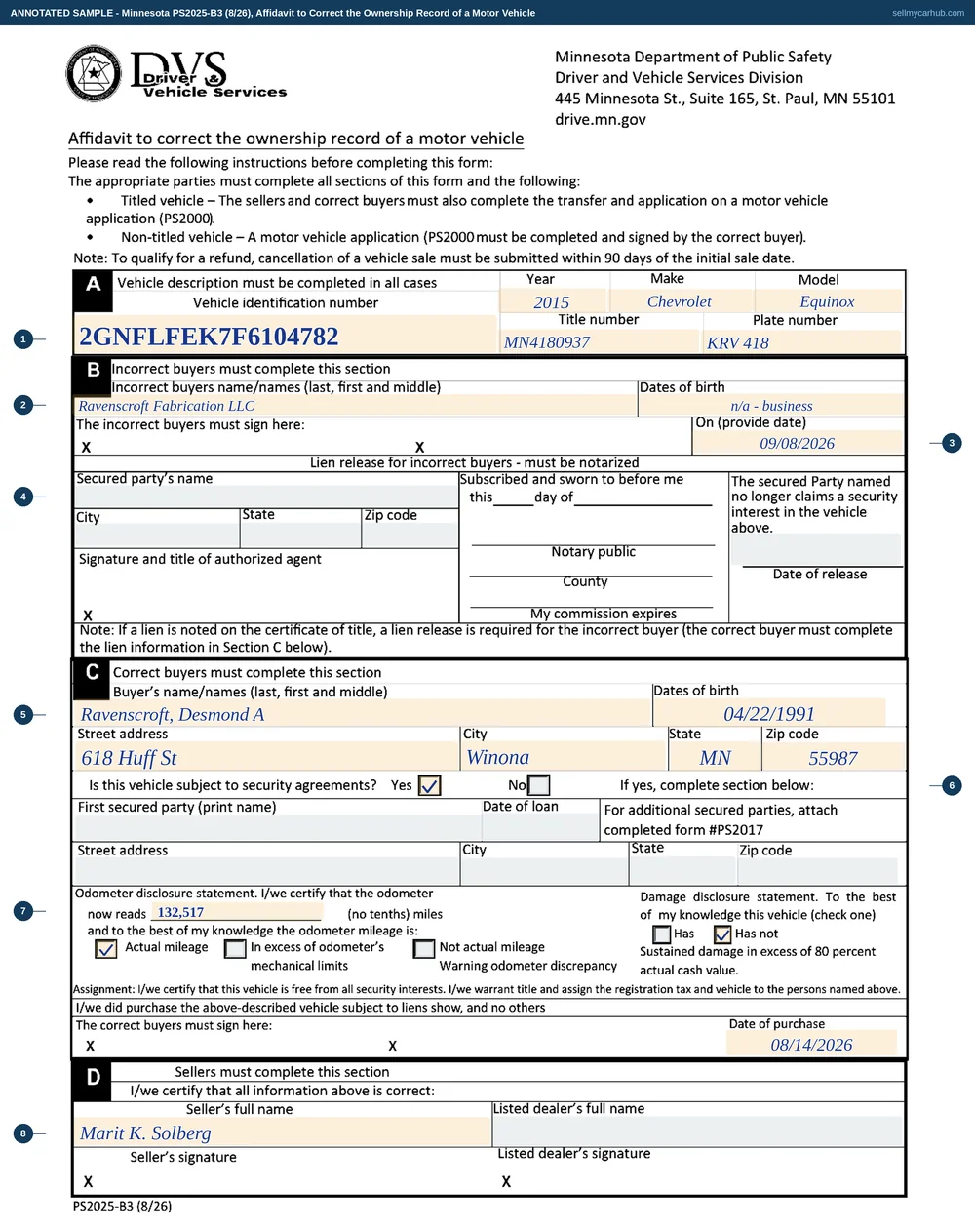 Minnesota form PS2025B filled in: a 2015 Chevrolet Equinox, VIN 2GNFLFEK7F6104782, title number MN4180937, plate KRV 418, recorded in error to Ravenscroft Fabrication LLC which signs itself out, corrected to Desmond A. Ravenscroft of Winona, the security agreement question answered No, an odometer reading of 132517 with actual mileage ticked, the damage disclosure answered Has Not, and Marit K. Solberg signing the seller band at the foot.