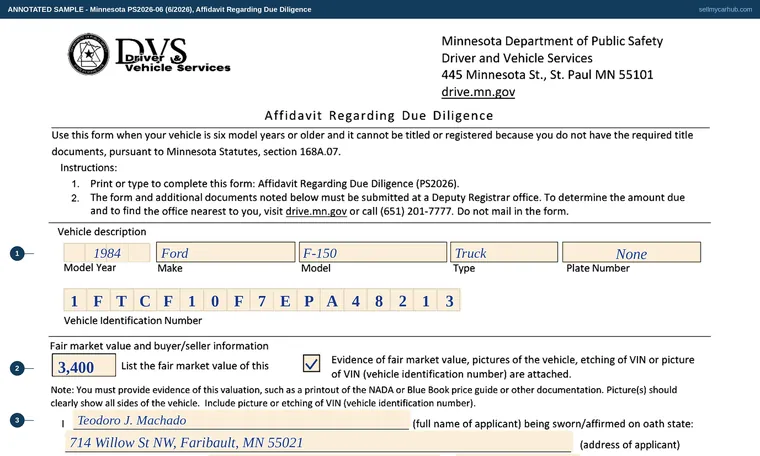 Top of our filled-in example of Minnesota PS2026, Affidavit Regarding Due Diligence