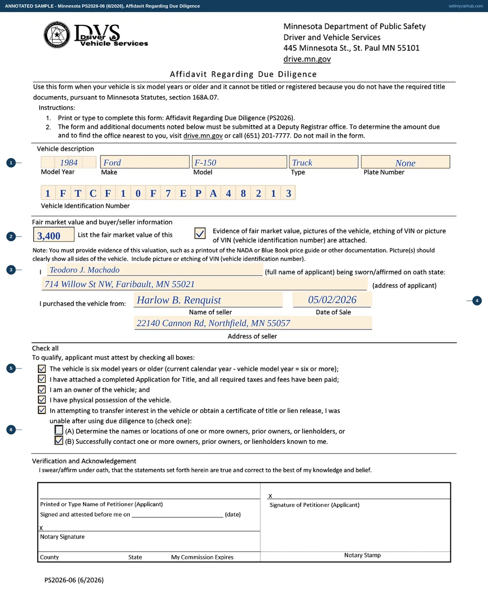 Minnesota form PS2026 filled in: applicant Teodoro J. Machado of Faribault swearing due diligence over a 1984 Ford F-150 pickup, VIN 1FTCF10F7EPA48213, fair market value 3,400 dollars with the evidence box ticked, bought from Harlow B. Renquist on 2 May 2026, all four qualifying boxes checked and option B ticked for a prior owner who could not be reached.