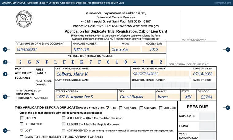 Top of our filled-in example of Minnesota PS2067A, Application for Duplicate Title, Registration, Cab or Lien Card