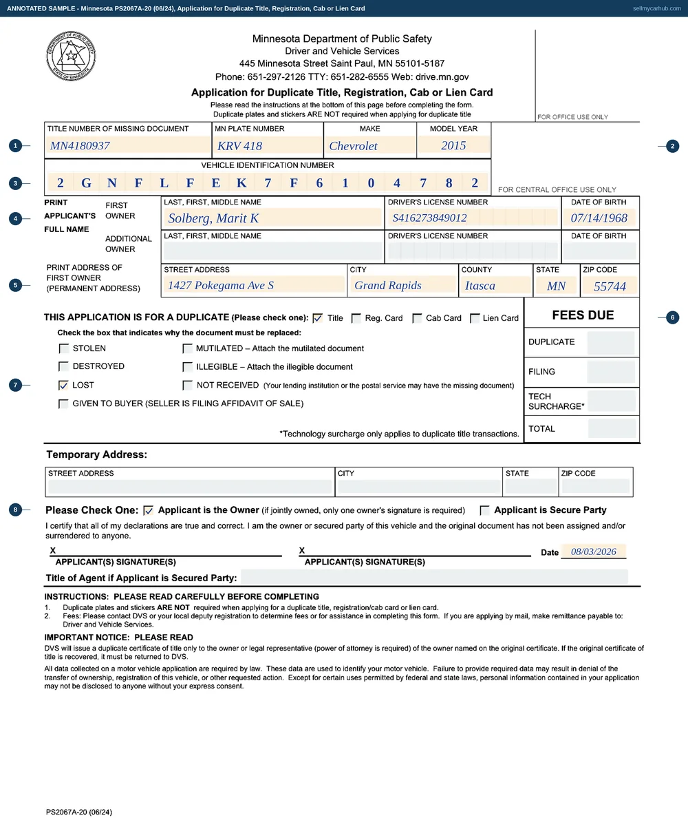 Minnesota form PS2067A filled in: Marit K. Solberg of Grand Rapids applying for a duplicate title on a 2015 Chevrolet Equinox, plate KRV 418, VIN 2GNFLFEK7F6104782, title number MN4180937, with the Title box ticked, the reason given as Lost, the temporary address block left grey and empty and Applicant is the Owner ticked at the foot.