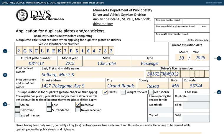 Top of our filled-in example of Minnesota PS2067B, Application for Duplicate Plates and/or Stickers