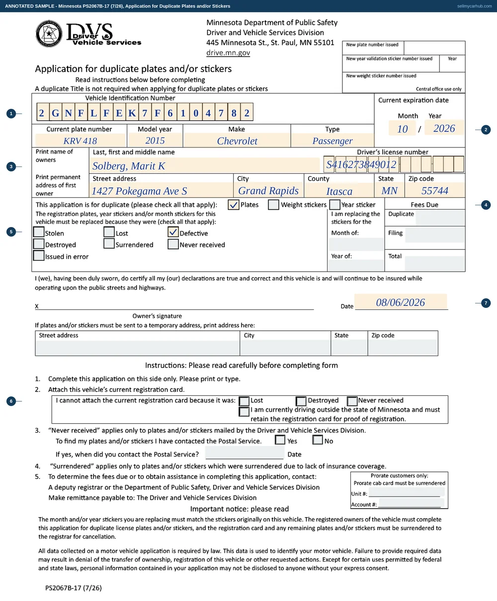 Minnesota form PS2067B filled in: Marit K. Solberg of Grand Rapids applying for duplicate plates on a 2015 Chevrolet Equinox, VIN 2GNFLFEK7F6104782, current plate KRV 418 expiring in October 2026, with the Plates box ticked, the reason given as Defective, the temporary address block left grey and empty, and the application signed and dated.