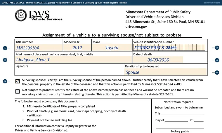 Top of our filled-in example of Minnesota PS2071, Assignment of a Vehicle to a Surviving Spouse / Not Subject to Probate