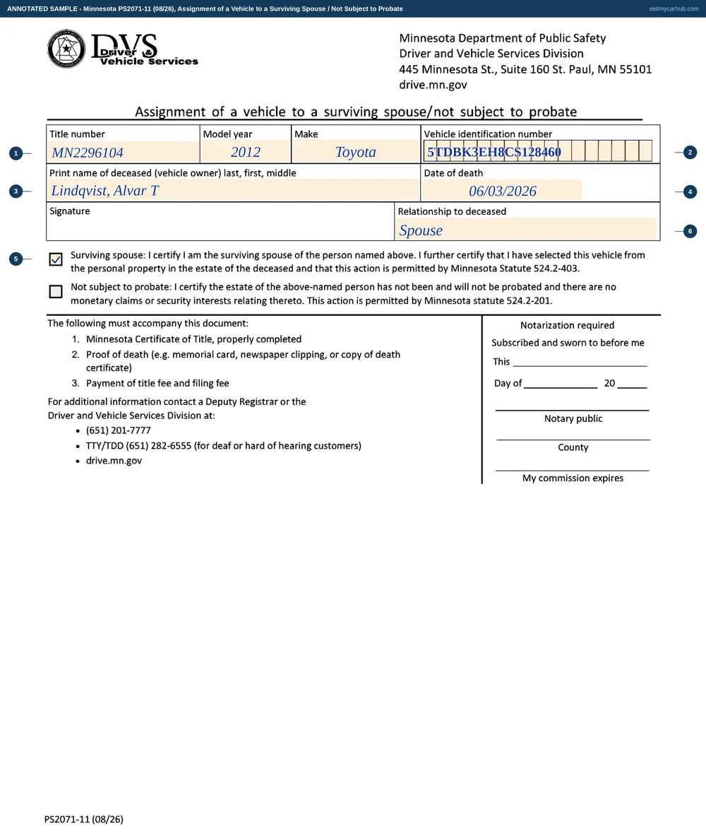 Minnesota form PS2071 filled in: title number MN2296104 for a 2012 Toyota Highlander, vehicle identification number 5TDBK3EH8CS128460 written across the boxed field, owner Alvar T. Lindqvist who died on 3 June 2026, the first certification ticked for a surviving spouse, and the signature cell and notary block left blank.