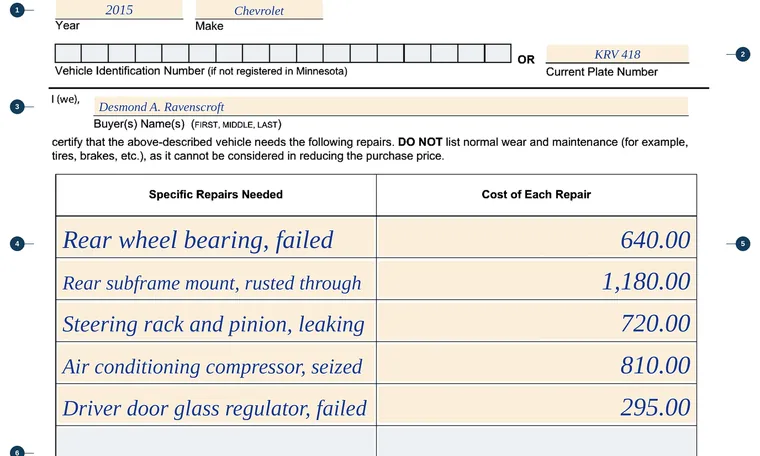 Part of our filled-in example of Minnesota PS2080A, Motor Vehicle Sales Tax Affidavit (Declaration), showing the filled-in entries