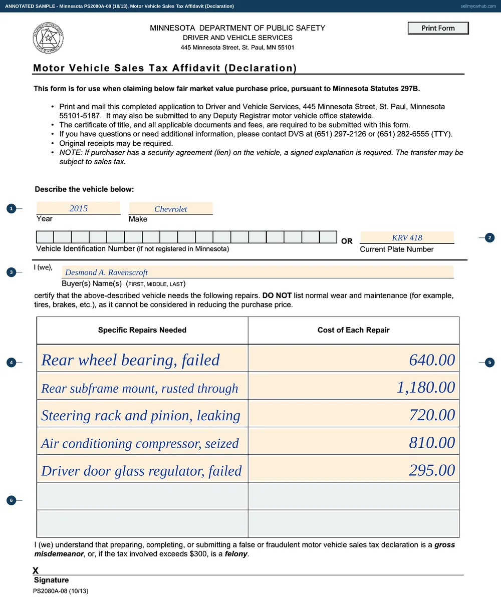 Minnesota form PS2080A filled in: buyer Desmond A. Ravenscroft declaring a below-market purchase price on a 2015 Chevrolet Equinox with plate KRV 418, listing a failed rear wheel bearing at 640 dollars, a rusted-through rear subframe mount at 1,180 dollars, a leaking rack and pinion at 720 dollars and a failed air conditioning compressor at 810 dollars, and signed at the foot.