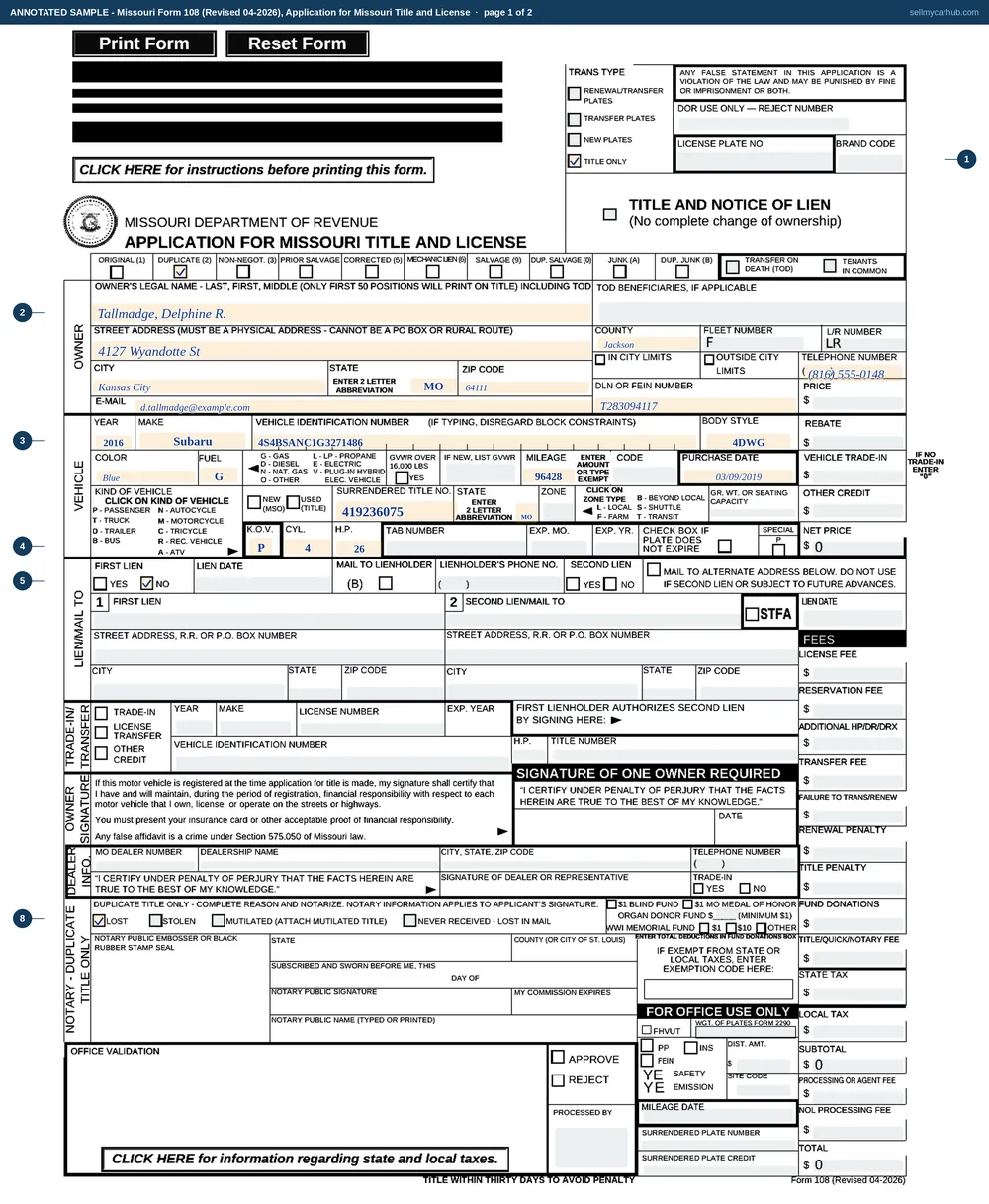 Missouri Form 108 filled in as a duplicate-title application: the Title Only and Duplicate boxes ticked, owner Delphine R. Tallmadge of 4127 Wyandotte St, Kansas City, MO 64111 in Jackson County, a 2016 Subaru with vehicle identification number 4S4BSANC1G3271486, an odometer reading of 96428, the surrendered title number recorded, the kind of vehicle entered as P with four cylinders and 26 taxable horsepower, the first lien answered No, and the Lost box ticked in the Duplicate Title Only block.