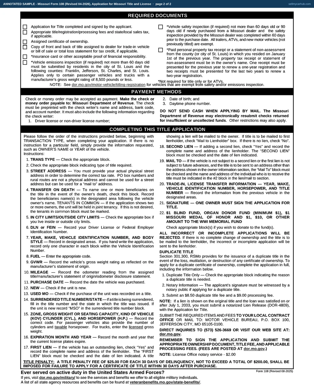 Missouri Form 108 filled in as a duplicate-title application: the Title Only and Duplicate boxes ticked, owner Delphine R. Tallmadge of 4127 Wyandotte St, Kansas City, MO 64111 in Jackson County, a 2016 Subaru with vehicle identification number 4S4BSANC1G3271486, an odometer reading of 96428, the surrendered title number recorded, the kind of vehicle entered as P with four cylinders and 26 taxable horsepower, the first lien answered No, and the Lost box ticked in the Duplicate Title Only block.