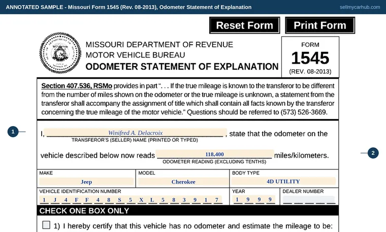 Top of our filled-in example of Missouri Form 1545, Odometer Statement of Explanation