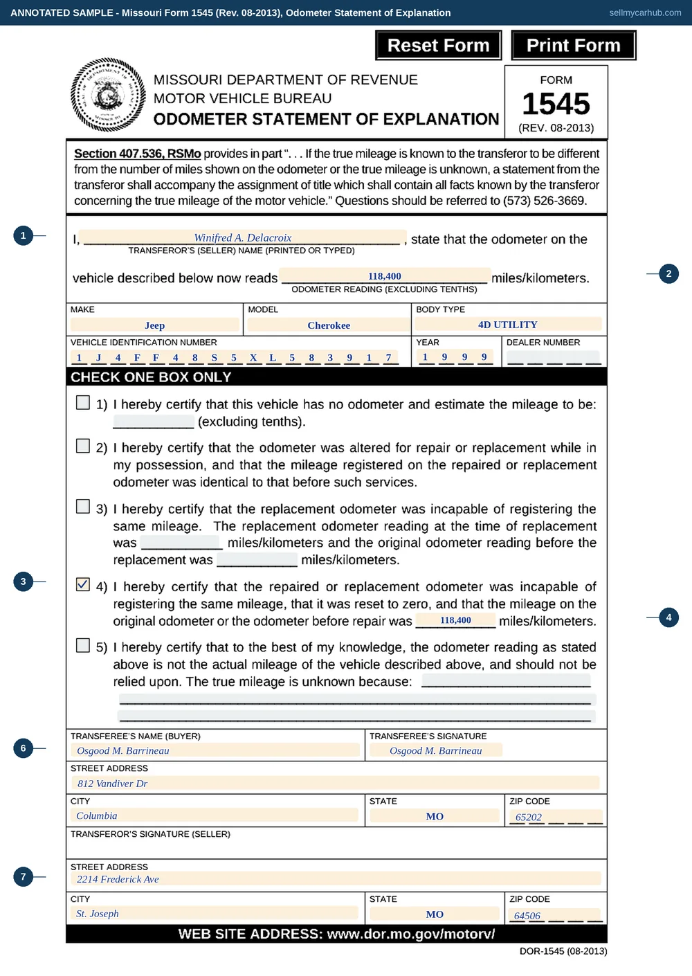 Missouri Form 1545 filled in: Winifred A. Delacroix states an odometer reading of 118,400 miles on a 1999 Jeep Cherokee, vehicle identification number 1J4FF48S5XL583917 written one character per printed cell, with box 4 ticked to certify that the replacement odometer was reset to zero and the original odometer read 118,400 miles before repair, the transferee Osgood M. Barrineau of Columbia entered and signed, and the transferor's St. Joseph address at the foot under an empty signature rule.