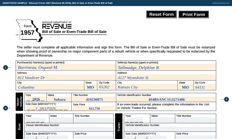 Top of our filled-in example of Missouri Form 1957, Bill of Sale or Even-Trade Bill of Sale