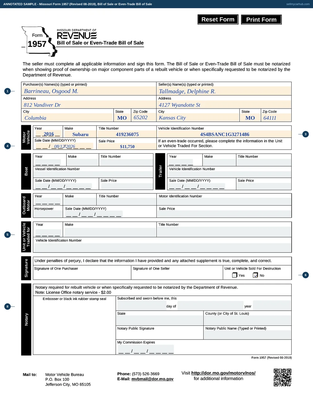 Missouri Form 1957 filled in as a bill of sale for one car: purchaser Osgood M. Barrineau of Columbia and seller Delphine R. Tallmadge of Kansas City in the two top columns, a 2016 Subaru with title number and vehicle identification number 4S4BSANC1G3271486 in the motor vehicle block, sale date 08/12/2026 and a sale price of 11,750 dollars, the Sold For Destruction question answered No, and the boat, trailer, outboard motor and even-trade blocks left empty.