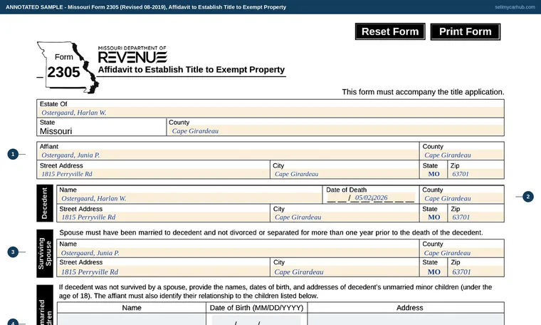 Top of our filled-in example of Missouri Form 2305, Affidavit to Establish Title to Exempt Property