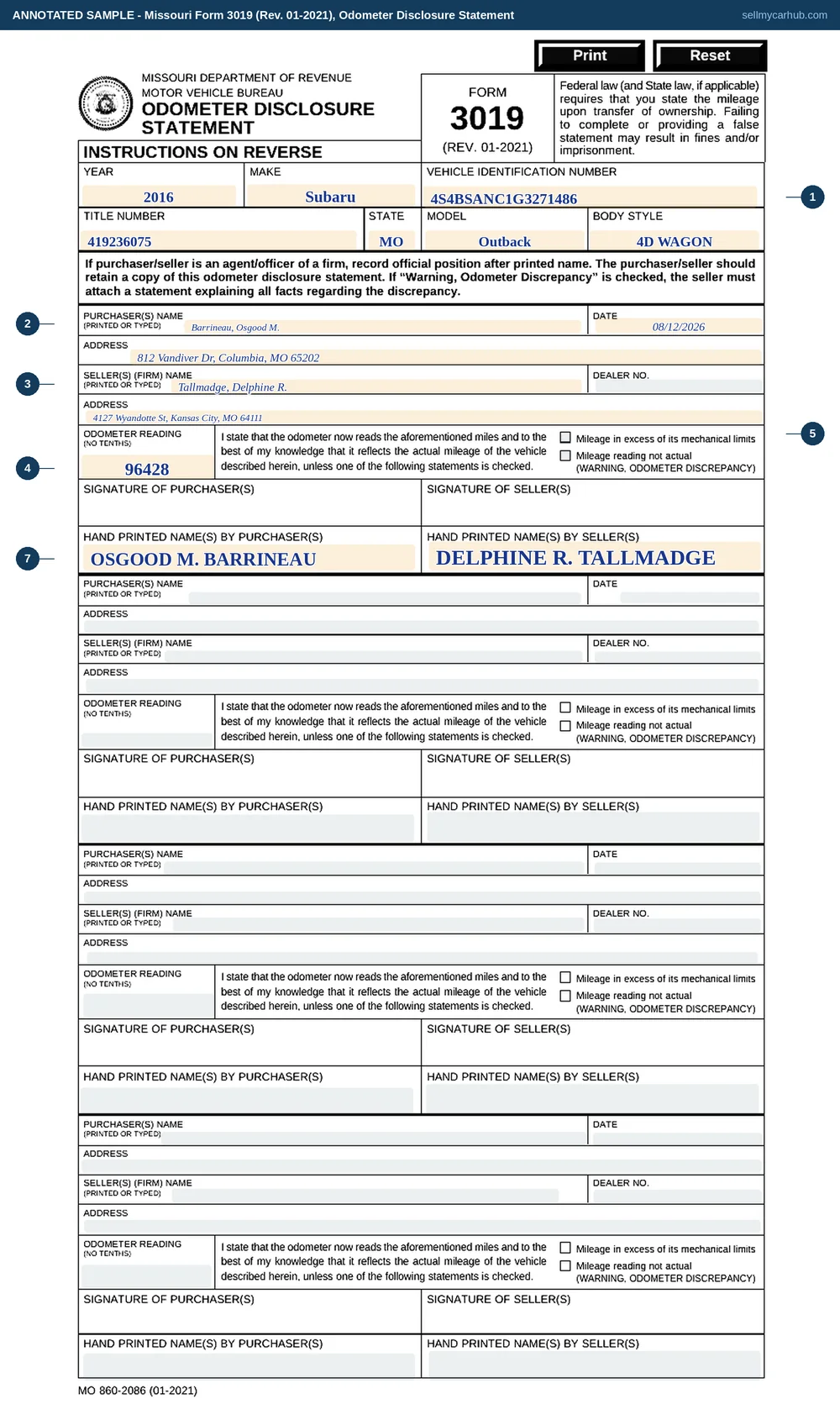 Missouri Form 3019 filled in for one transfer: a 2016 Subaru Outback, vehicle identification number 4S4BSANC1G3271486, body style four-door wagon, purchaser Osgood M. Barrineau of Columbia dated 08/12/2026, seller Delphine R. Tallmadge of Kansas City, an odometer reading of 96,428 with neither mileage statement ticked, both names hand printed in block capitals under the empty signature rules, and the second, third and fourth disclosure spaces left blank.