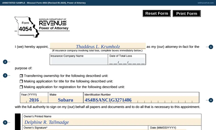 Top of our filled-in example of Missouri Form 4054, Power of Attorney