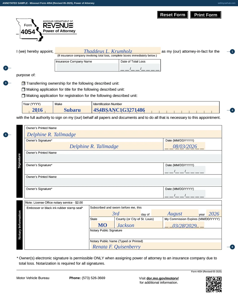 Missouri Form 4054 filled in: Delphine R. Tallmadge appoints Thaddeus L. Krumholz as attorney-in-fact, the transferring ownership box ticked, a 2016 Subaru with identification number 4S4BSANC1G3271486, the owner's printed name and signature dated 08/03/2026, the two spare owner rows left blank, the insurance company block empty, and the notary block completed by Renata F. Quisenberry of Jackson County with a commission expiry of 03/28/2029.