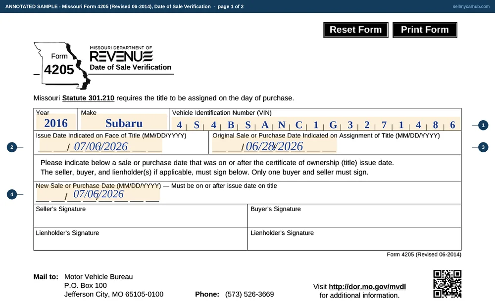 Missouri Form 4205 filled in: a 2016 Subaru with vehicle identification number 4S4BSANC1G3271486 written one character per printed cell, a title issue date of 07/06/2026, an original assignment date of 06/28/2026 that falls before it, and a new sale date of 07/06/2026, with the four signature rules at the foot left blank.