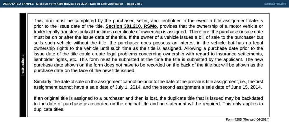 Missouri Form 4205 filled in: a 2016 Subaru with vehicle identification number 4S4BSANC1G3271486 written one character per printed cell, a title issue date of 07/06/2026, an original assignment date of 06/28/2026 that falls before it, and a new sale date of 07/06/2026, with the four signature rules at the foot left blank.