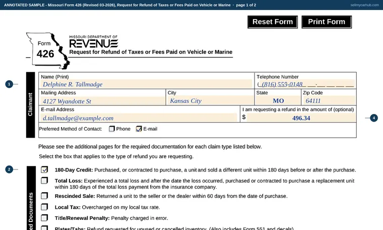 Top of page 1 of our filled-in example of Missouri Form 426, Request for Refund of Taxes or Fees Paid on Vehicle or Marine