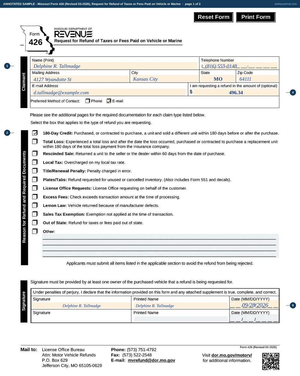 Missouri Form 426 filled in as a 180-day credit claim: claimant Delphine R. Tallmadge of 4127 Wyandotte St, Kansas City, MO 64111, telephone and e-mail completed, e-mail chosen as the preferred method of contact, the 180-Day Credit box ticked, a refund amount entered, and the first signature row signed and dated 09/28/2026 with the second row left blank.