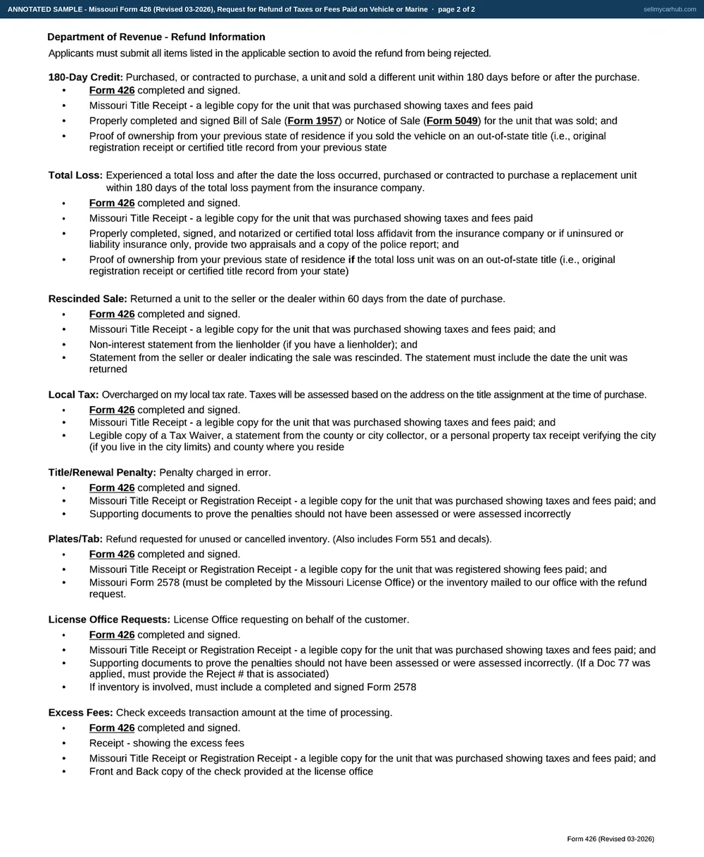 Missouri Form 426 filled in as a 180-day credit claim: claimant Delphine R. Tallmadge of 4127 Wyandotte St, Kansas City, MO 64111, telephone and e-mail completed, e-mail chosen as the preferred method of contact, the 180-Day Credit box ticked, a refund amount entered, and the first signature row signed and dated 09/28/2026 with the second row left blank.