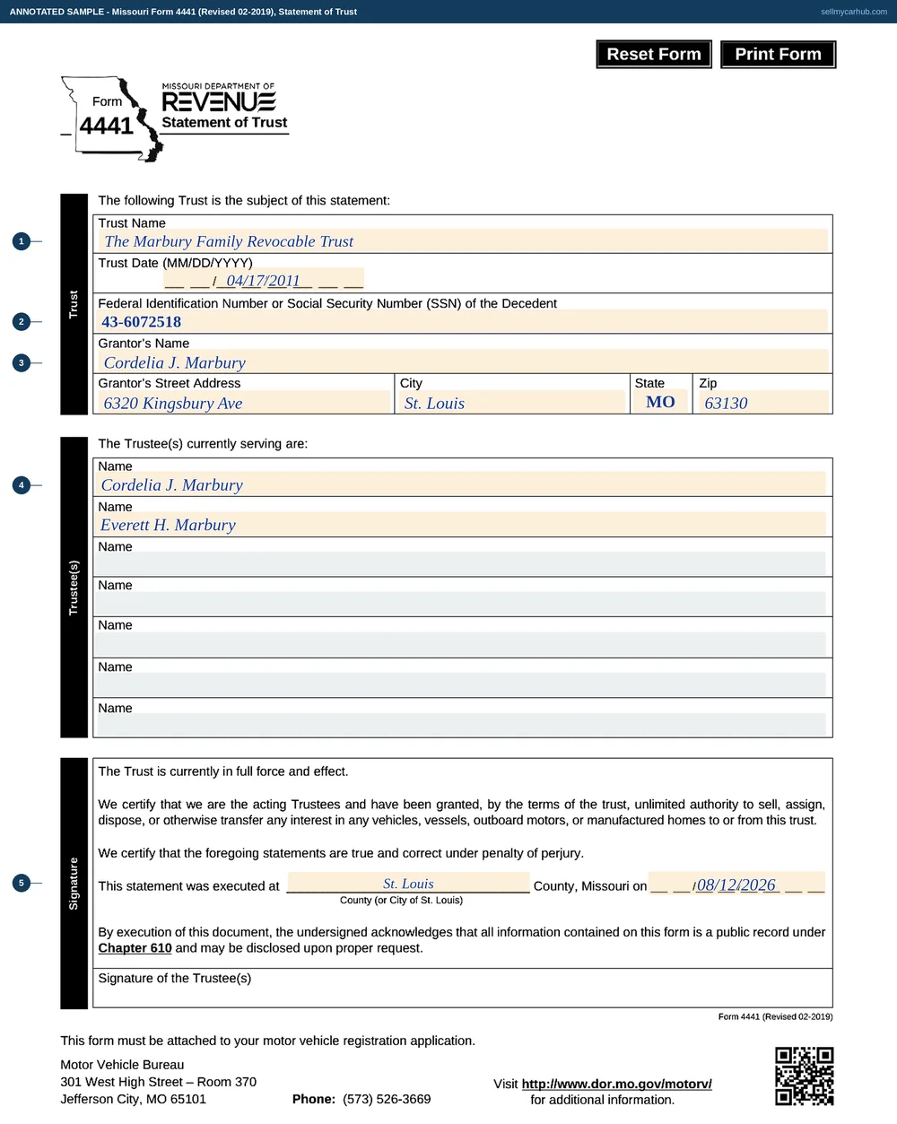 Missouri Form 4441 filled in: the Marbury Family Revocable Trust dated 04/17/2011 with federal identification number 43-6072518, the grantor Cordelia J. Marbury of 6320 Kingsbury Ave, St. Louis, MO 63130, two acting trustees named in the first two of seven rules, and the statement executed in St. Louis County on 08/12/2026, with the remaining five trustee rules and the signature band at the foot left blank.