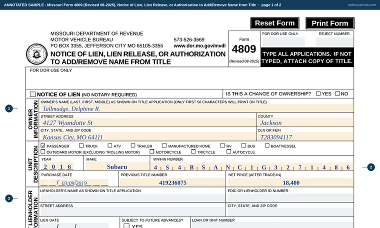 Top of page 1 of our filled-in example of Missouri Form 4809, Notice of Lien, Lien Release, or Authorization to Add/Remove Name from Title
