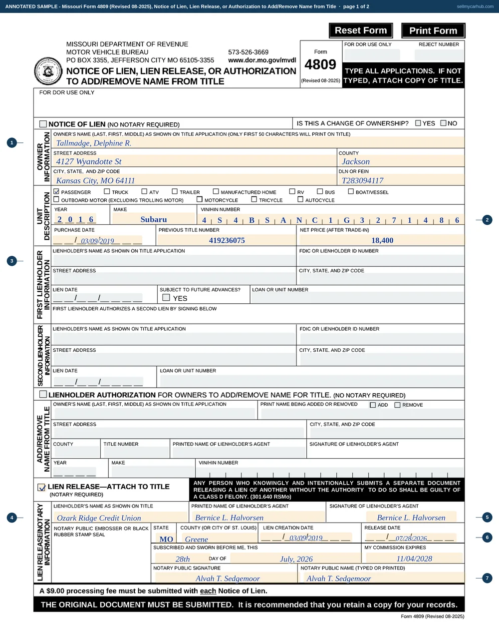 Missouri Form 4809 filled in as a lien release: owner Delphine R. Tallmadge of 4127 Wyandotte St, Kansas City, MO 64111 in Jackson County, the Passenger box ticked, a 2016 Subaru with vehicle identification number 4S4BSANC1G3271486 and its previous title number, the first and second lienholder blocks left blank, and the lien release section completed by Ozark Ridge Credit Union with agent Bernice L. Halvorsen, a lien creation date of 03/09/2019 and a release date of 07/28/2026, notarised by Alvah T. Sedgemoor in Greene County.