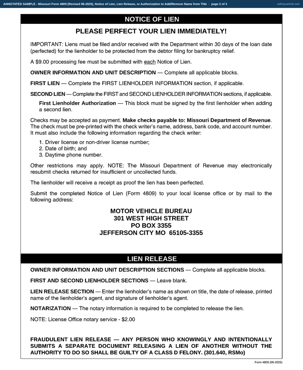 Missouri Form 4809 filled in as a lien release: owner Delphine R. Tallmadge of 4127 Wyandotte St, Kansas City, MO 64111 in Jackson County, the Passenger box ticked, a 2016 Subaru with vehicle identification number 4S4BSANC1G3271486 and its previous title number, the first and second lienholder blocks left blank, and the lien release section completed by Ozark Ridge Credit Union with agent Bernice L. Halvorsen, a lien creation date of 03/09/2019 and a release date of 07/28/2026, notarised by Alvah T. Sedgemoor in Greene County.