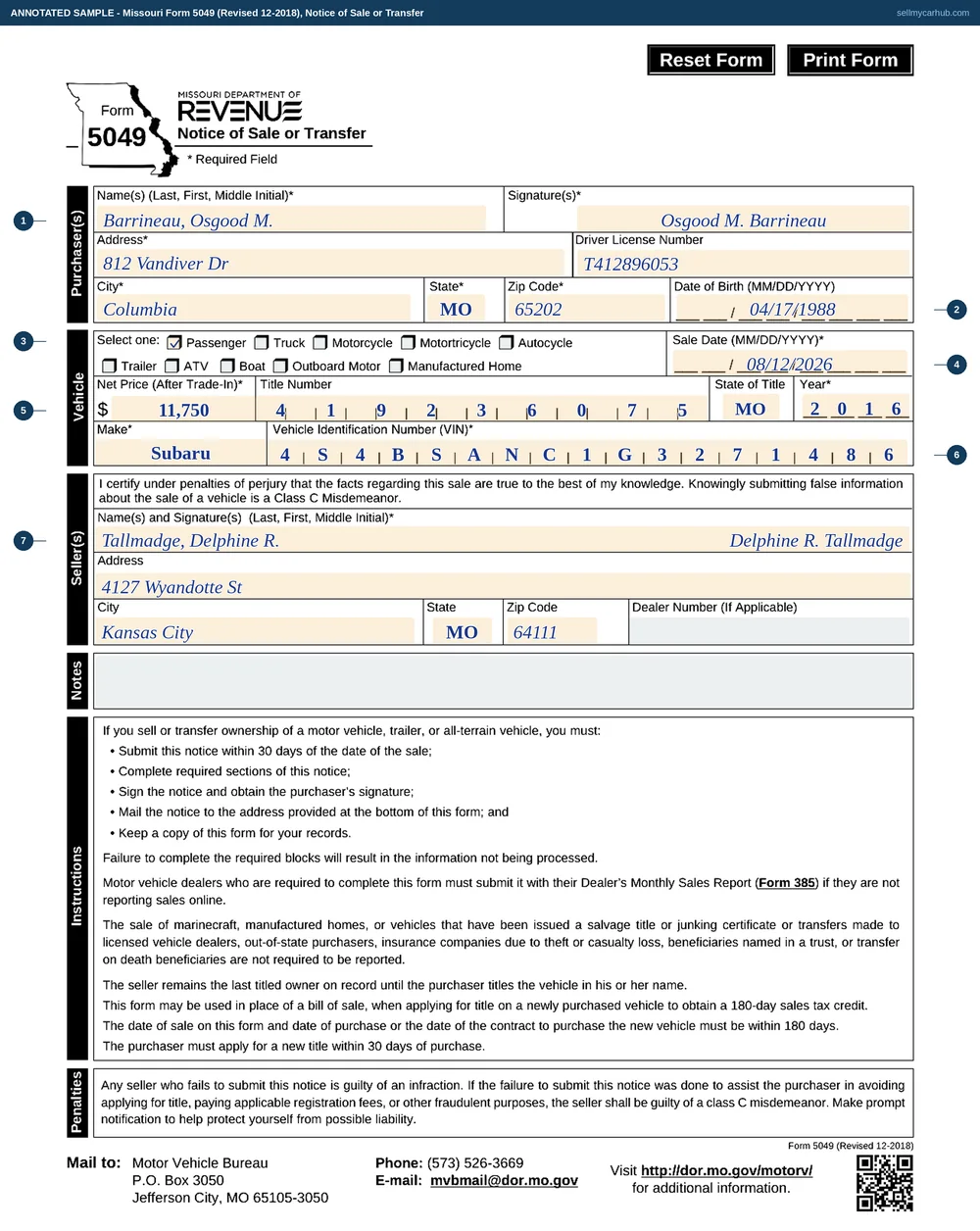 Missouri Form 5049 filled in: purchaser Osgood M. Barrineau of 812 Vandiver Dr, Columbia, MO 65202, the Passenger box ticked, sale date 08/12/2026, net price 11,750 dollars, a 2016 Subaru with vehicle identification number 4S4BSANC1G3271486 written one character per printed cell, the buyer's signature beside his name, and seller Delphine R. Tallmadge of 4127 Wyandotte St, Kansas City, MO 64111 printed and signed in the seller block, with the dealer number and notes bands left empty.