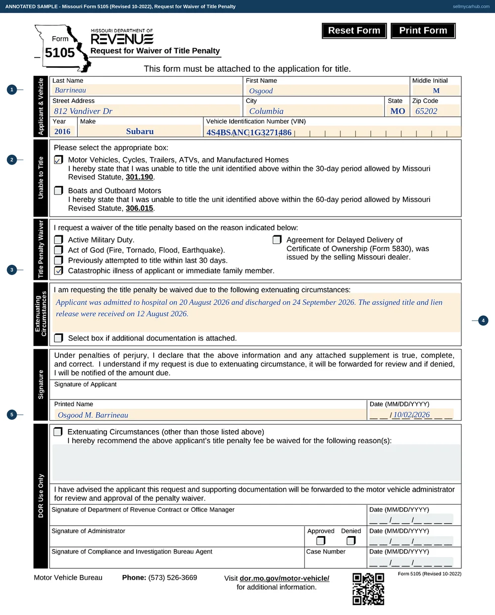 Missouri Form 5105 filled in: applicant Osgood M. Barrineau of 812 Vandiver Dr, Columbia, MO 65202, a 2016 Subaru with vehicle identification number 4S4BSANC1G3271486, the motor vehicles box ticked under Unable to Title, the catastrophic illness reason ticked, a dated explanation written into the extenuating circumstances block, and the applicant's printed name and the date 10/02/2026 under an empty signature rule, with the three Department use bands at the foot left grey.