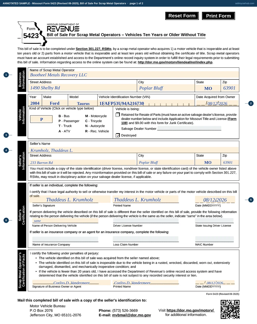 Missouri Form 5423 filled in: scrap metal operator Bootheel Metals Recovery LLC of 1490 Shelby Rd, Poplar Bluff, MO 63901, a 2004 Ford Taurus with vehicle identification number 1FAFP53U94A216730 acquired on 08/12/2026, the Destroyed option ticked, seller Thaddeus L. Krumholz of 233 Barron Rd, Poplar Bluff, MO 63901 with his certification signed, the person delivering the vehicle recorded as same, the insurance company block empty, and the operator's certification of facts signed.