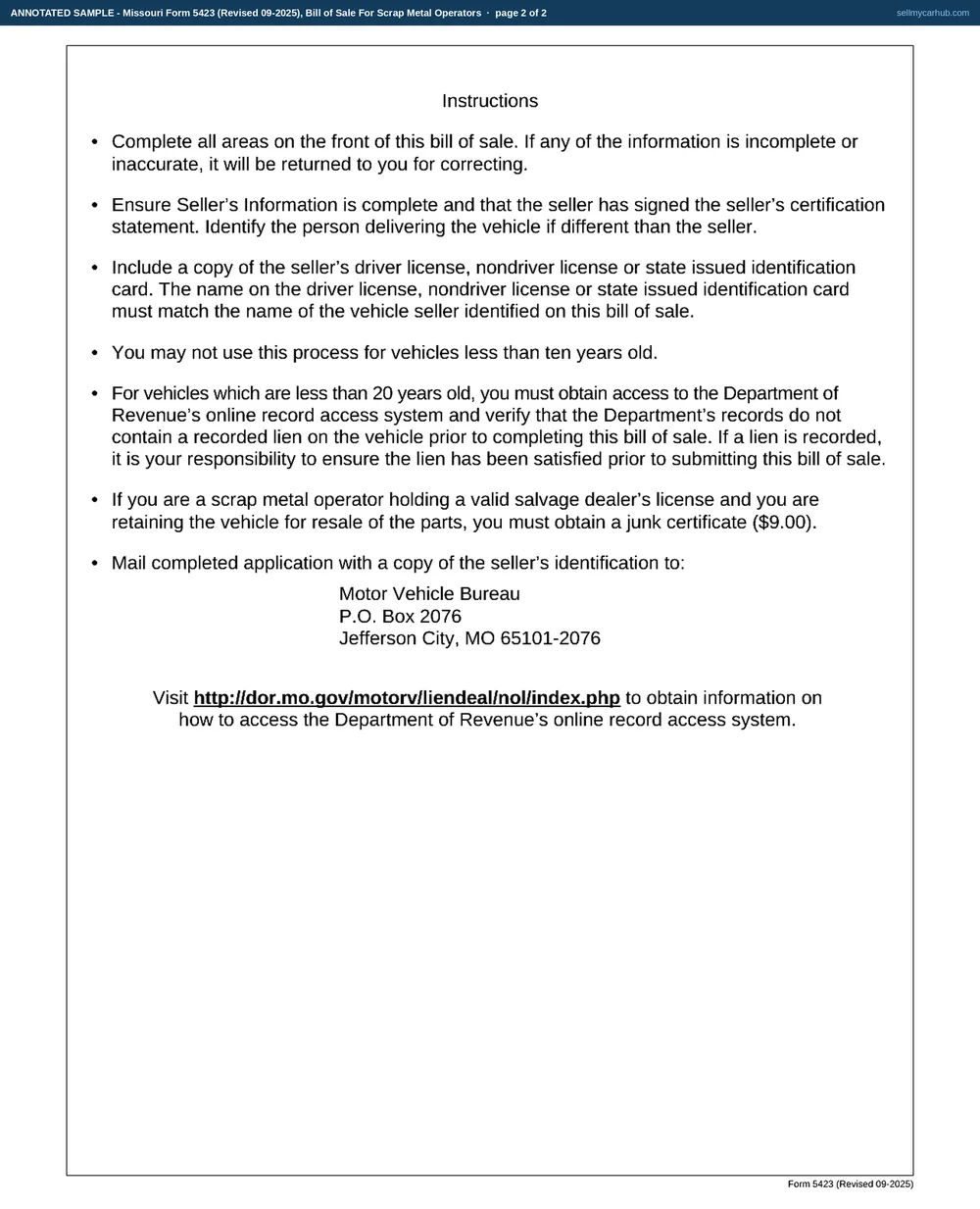 Missouri Form 5423 filled in: scrap metal operator Bootheel Metals Recovery LLC of 1490 Shelby Rd, Poplar Bluff, MO 63901, a 2004 Ford Taurus with vehicle identification number 1FAFP53U94A216730 acquired on 08/12/2026, the Destroyed option ticked, seller Thaddeus L. Krumholz of 233 Barron Rd, Poplar Bluff, MO 63901 with his certification signed, the person delivering the vehicle recorded as same, the insurance company block empty, and the operator's certification of facts signed.