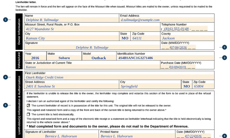 Part of our filled-in example of Missouri Form 5834, Owner - Out-of-State Title Request, showing the filled-in entries
