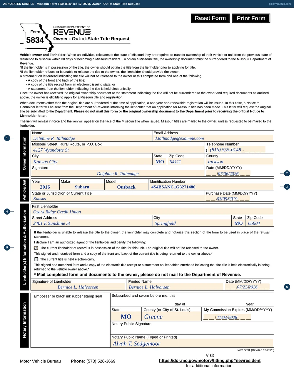 Missouri Form 5834 filled in: owner Delphine R. Tallmadge of 4127 Wyandotte St, Kansas City, MO 64111 in Jackson County, a 2016 Subaru Outback with vehicle identification number 4S4BSANC1G3271486 currently titled in Kansas, purchased 03/09/2019, first lienholder Ozark Ridge Credit Union of Springfield, the declaration that the lienholder holds the title and will not release it ticked, signed by agent Bernice L. Halvorsen and notarised by Alvah T. Sedgemoor in Greene County.