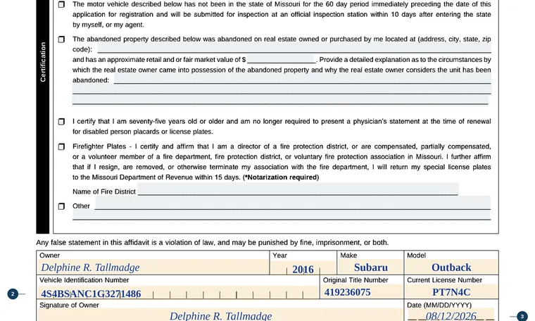Part of our filled-in example of Missouri Form 768, General Affidavit, showing the filled-in entries