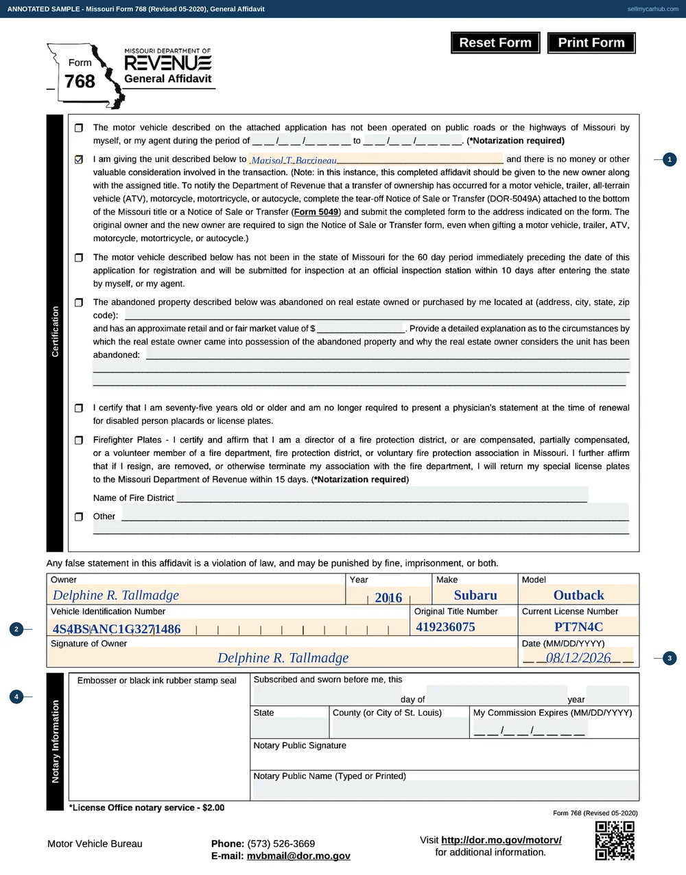 Missouri Form 768 filled in as a gift affidavit: the second statement ticked, the vehicle given to Marisol T. Barrineau, owner Delphine R. Tallmadge, a 2016 Subaru Outback with vehicle identification number 4S4BSANC1G3271486, the original title number and current licence number recorded, the owner's signature dated 08/12/2026, and the notary block left empty.