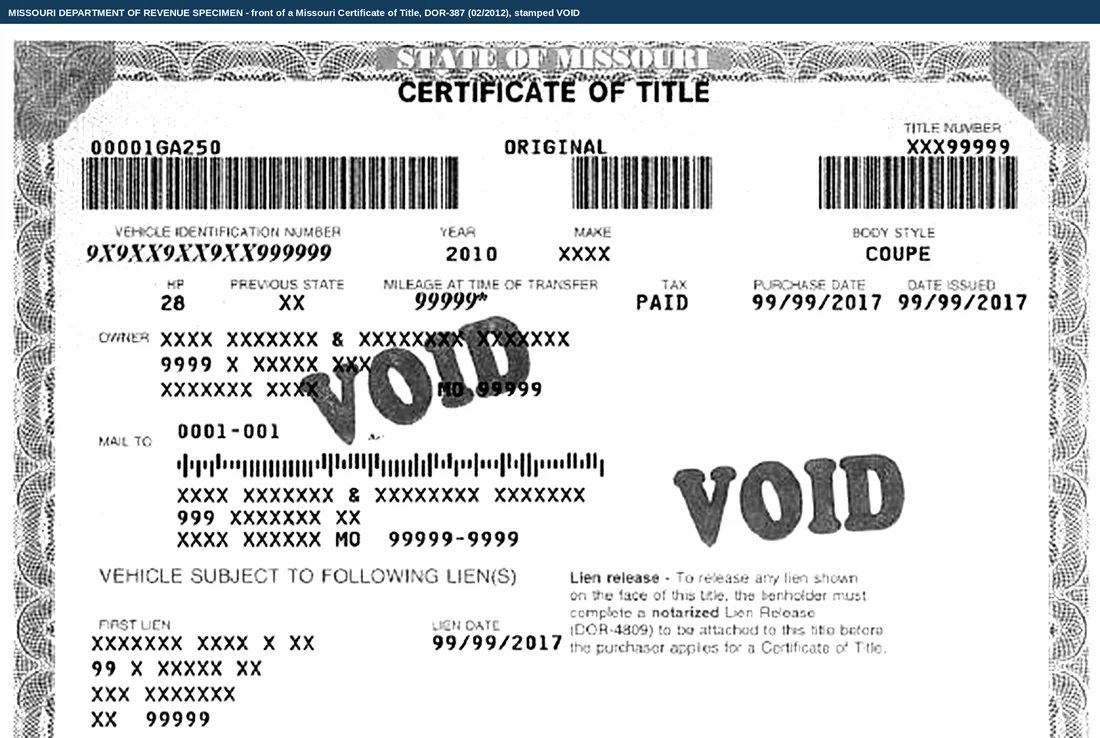 The front of a blank Missouri Certificate of Title published by the Department of Revenue as an example, stamped VOID twice in red. The printed blocks show a title number, a barcode, the vehicle identification number, year, make and body style, previous state, mileage at time of transfer, tax paid, purchase date and date issued, the owner and mail-to addresses, and a lien block, with the Department's placeholder characters standing in for real data.