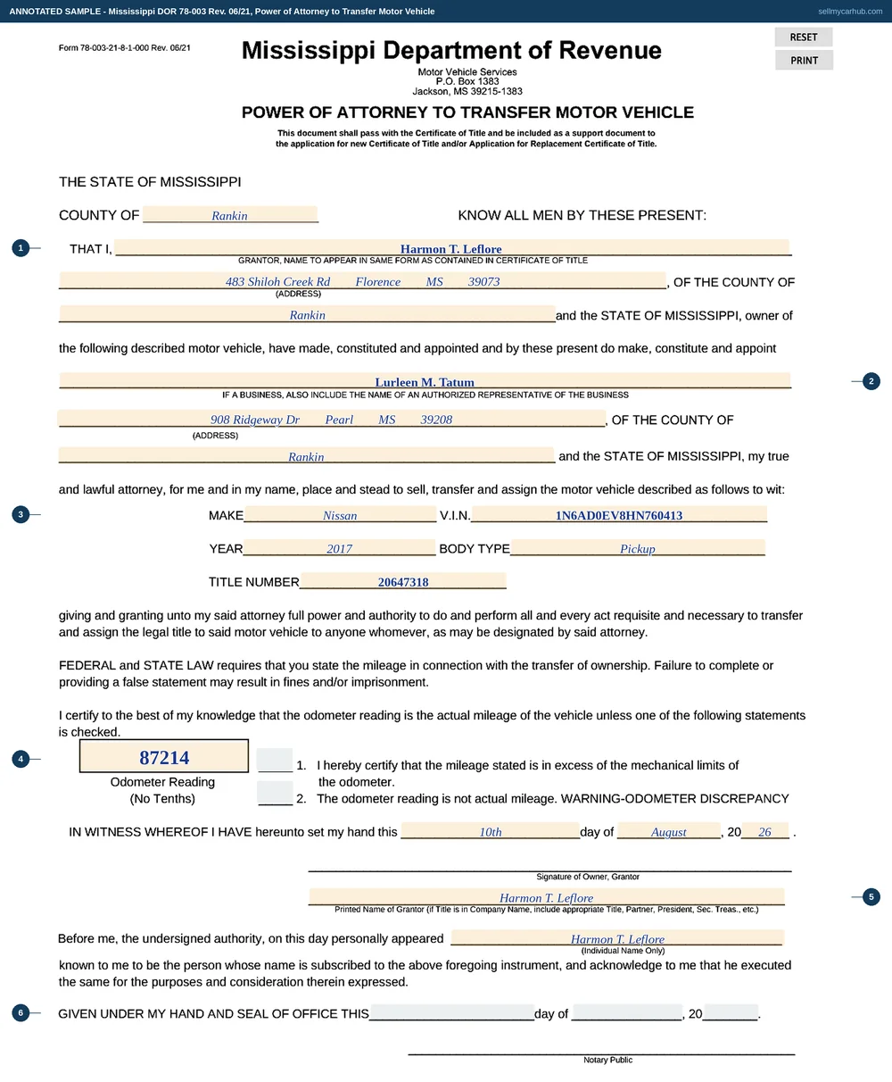 A Mississippi Form 78-003 Power of Attorney to Transfer Motor Vehicle filled in: grantor Harmon T. Leflore of Rankin County, Florence, Mississippi appoints Lurleen M. Tatum of Pearl as his attorney to sell a 2017 Nissan Frontier, VIN 1N6AD0EV8HN760413, title number 20647318, certifies the odometer at 87214 miles with neither statement checked, and prints his name on the grantor line, with the notary acknowledgement naming him as the individual who personally appeared and the signature rule above his printed name left for ink.