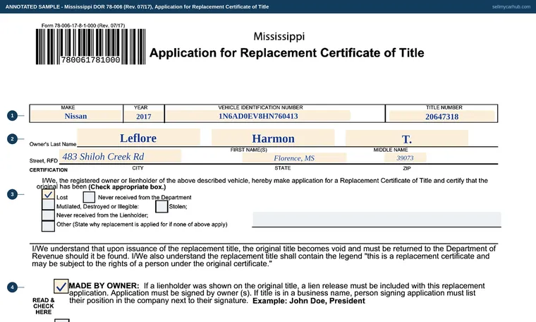 Top of our filled-in example of Mississippi 78-006, Application for Replacement Certificate of Title