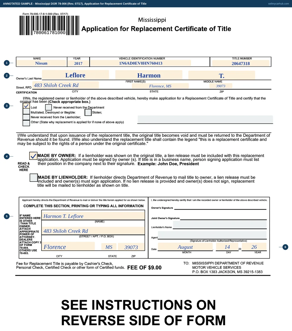 A Mississippi Form 78-006 filled in: a 2017 Nissan Frontier, VIN 1N6AD0EV8HN760413, title number 20647318, owner Leflore, Harmon, T. of Florence, Mississippi, the Lost box ticked, the MADE BY OWNER declaration checked, the replacement directed to the owner's own address, the date completed in its month, day and year boxes, and the owner's signature line left for ink.